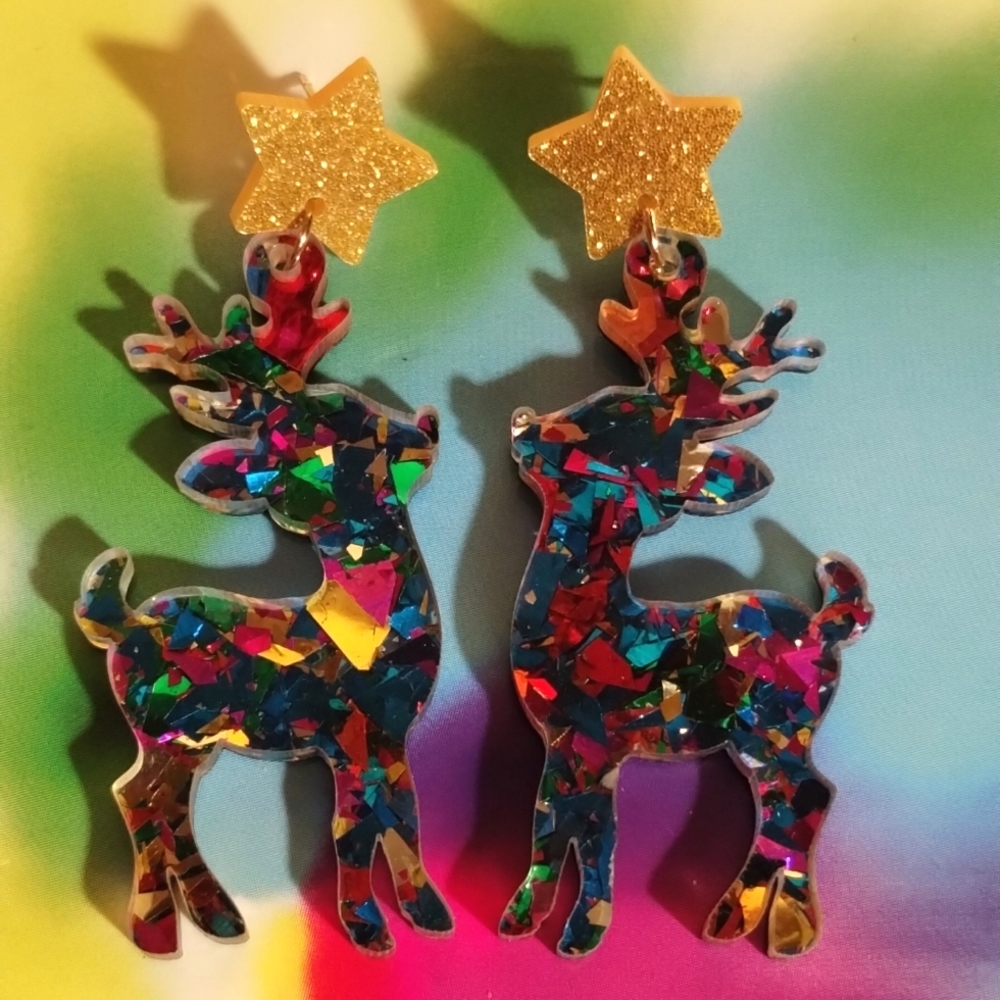 Rainbow confetti reindeer earrings